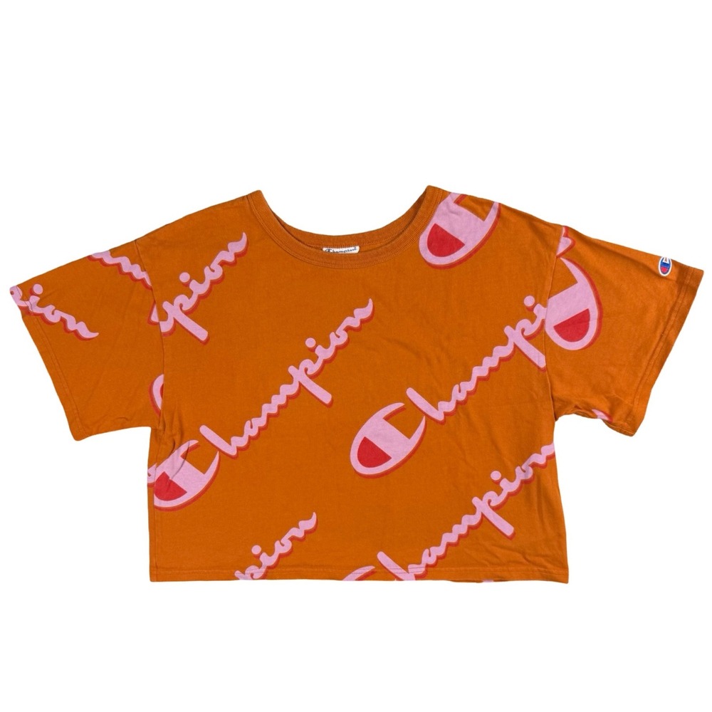 Champion Reverse Weave Crop T Shirt‎ Large Orange Pink Big Logo Womens